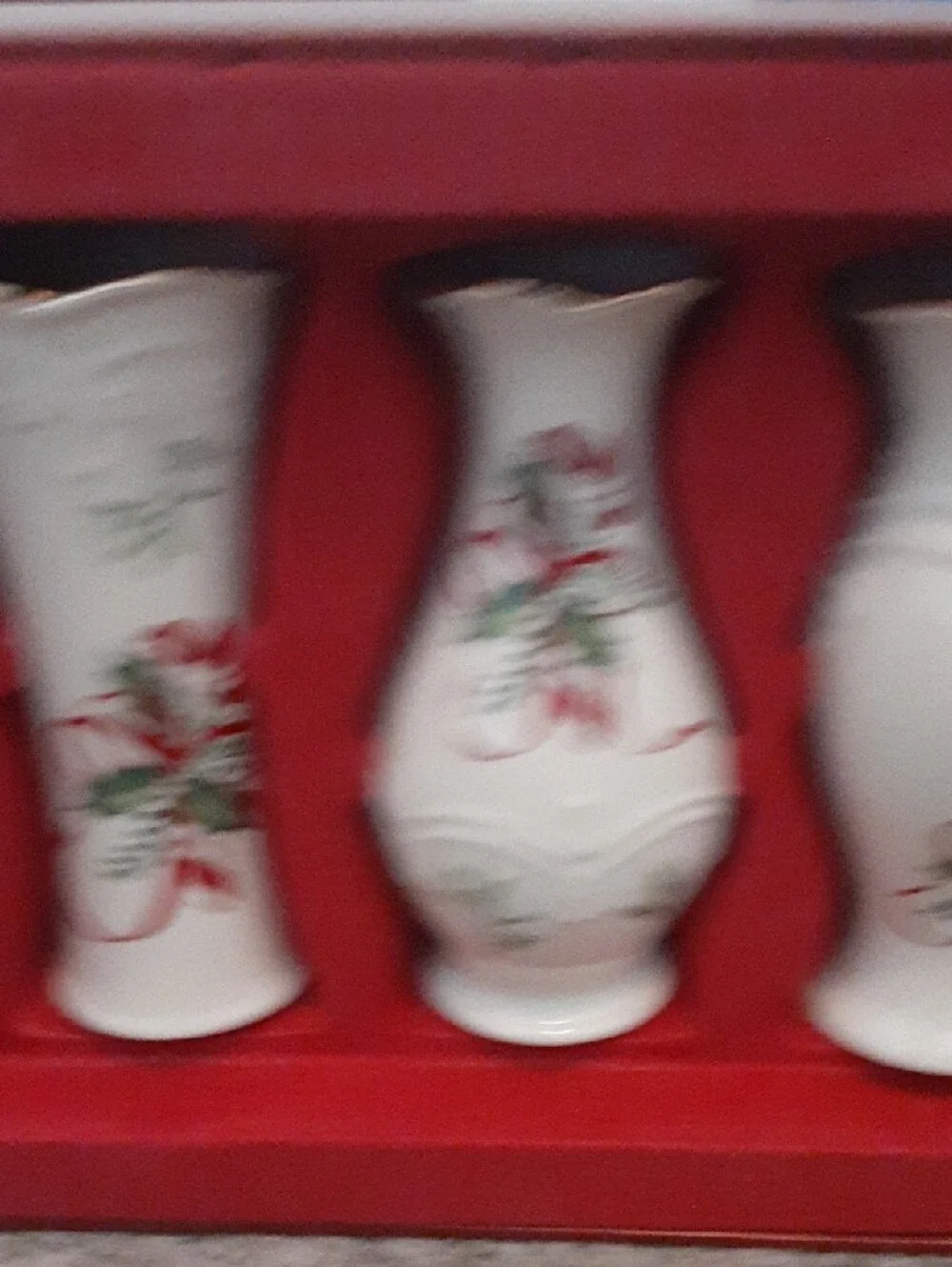 Lenox Christmas Bud Vases - Set with Red & Green Ribbon Motif